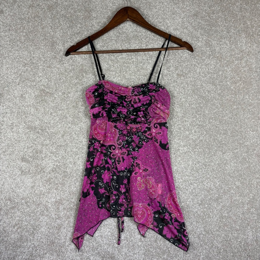 Heart Soul Pink Paisley Glitter Handkerchief Hem Cami Top Y2K Ruched Bust
